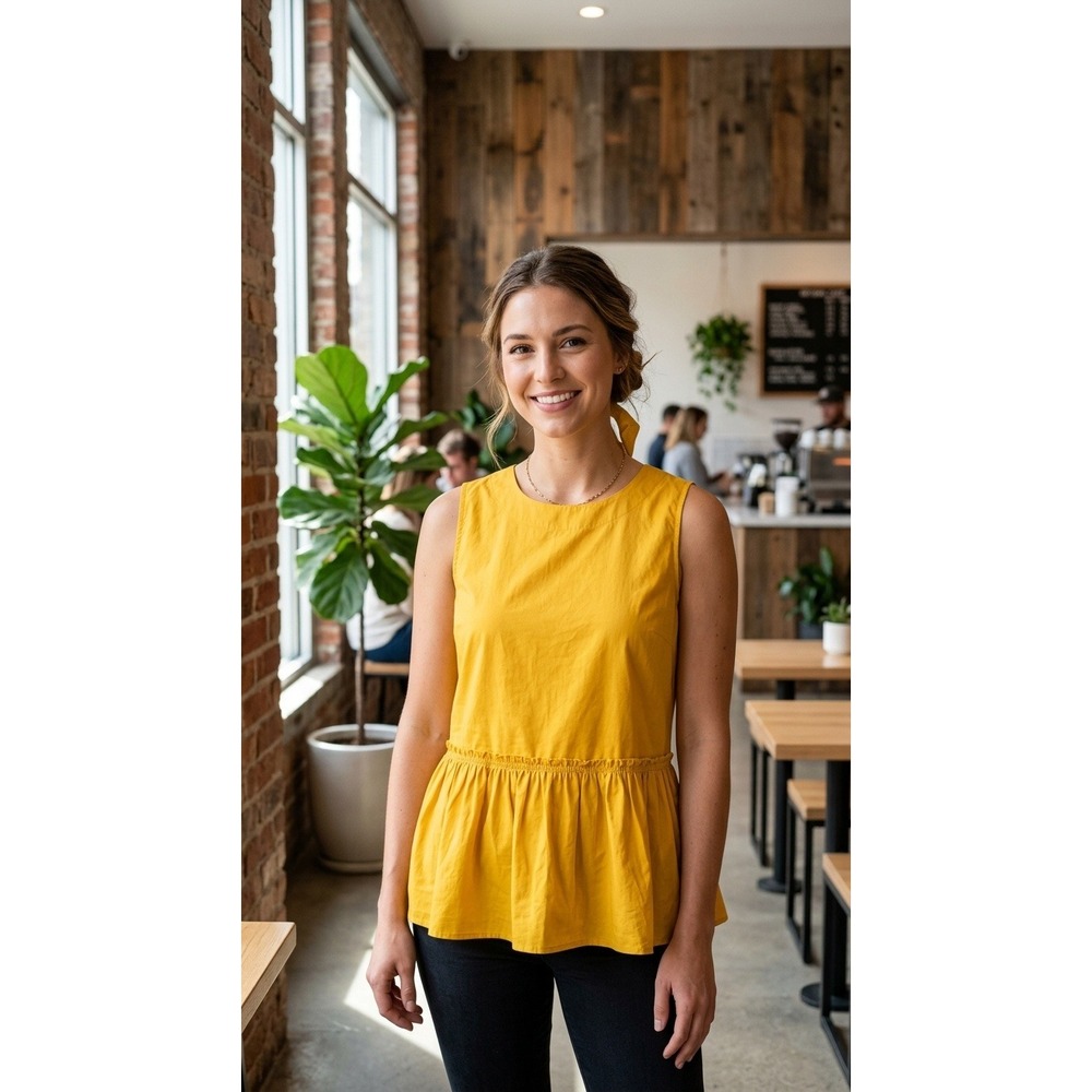 Ann Taylor Top Womens L Mustard Yellow Sleeveless Peplum Bow Back Cotton Viscose